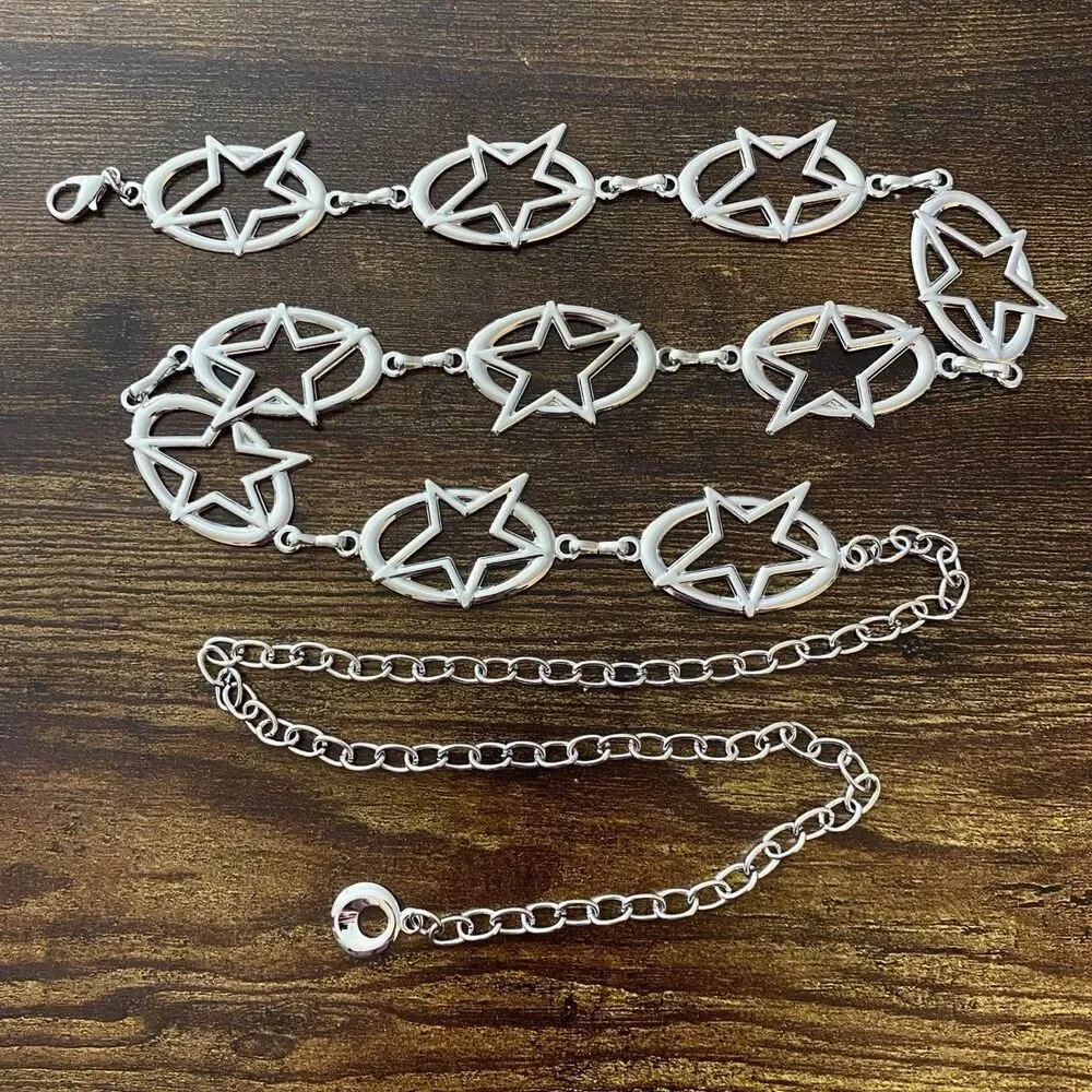 Silver Y2K Oval Star Cutout Chain Belt, Fits 27.5-47.5 Inches, X7GA1285